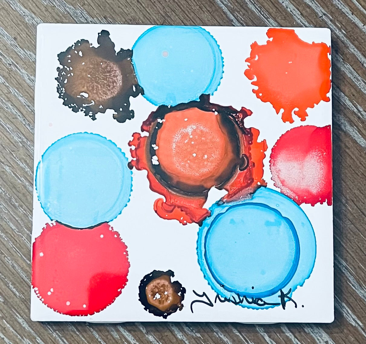 Abstract Drink Coaster Artist Painted Tiles Blue / Turquoise / Red / Orange / Brown